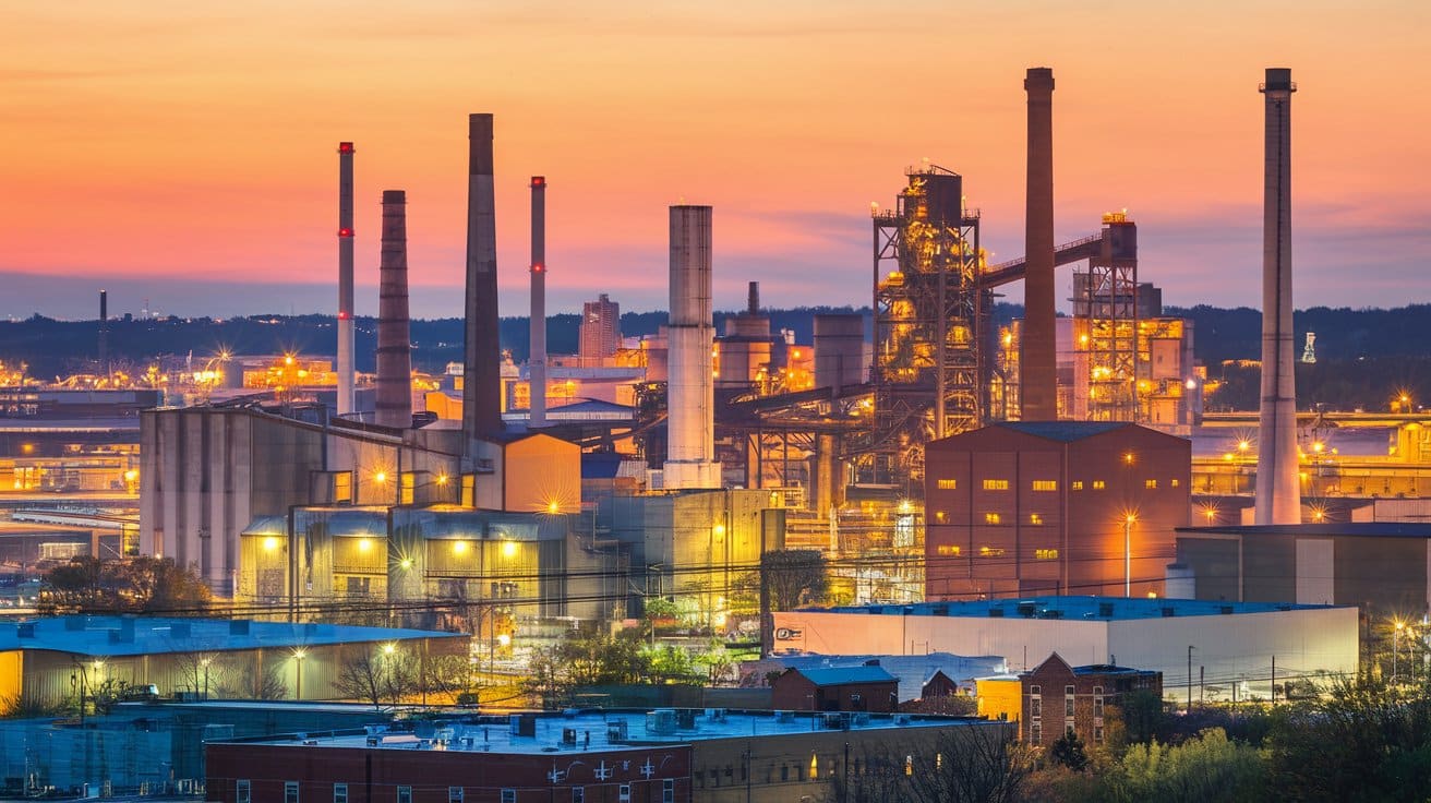 Industrial skyline at sunset with steel mills