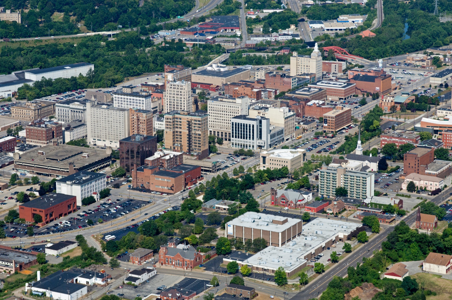 Aerial view of Downtown Youngstown with the Huntington tower